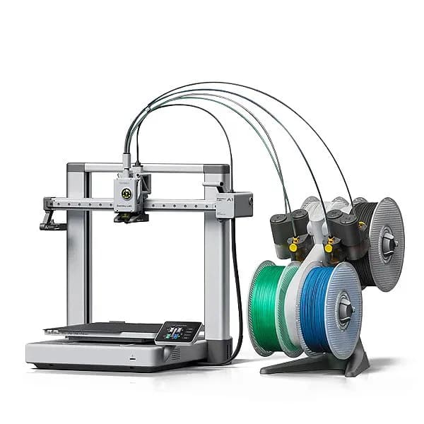 Impressora 3D Bambu Lab A1 Combo, com o AMS Lite de 4 rolos ao lado